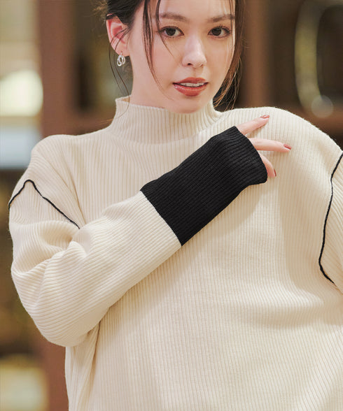 配色スリーブリブニットトップス
