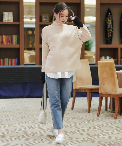 配色スリーブリブニットトップス