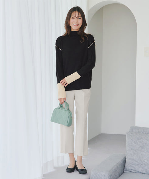 配色スリーブリブニットトップス