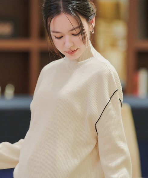 配色スリーブリブニットトップス