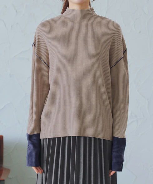 配色スリーブリブニットトップス