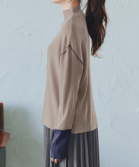 配色スリーブリブニットトップス