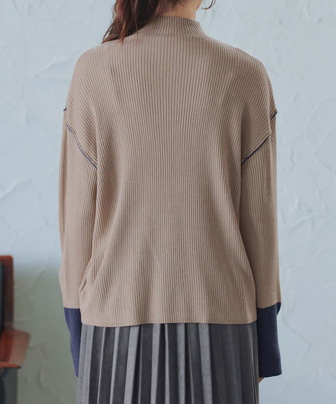 配色スリーブリブニットトップス