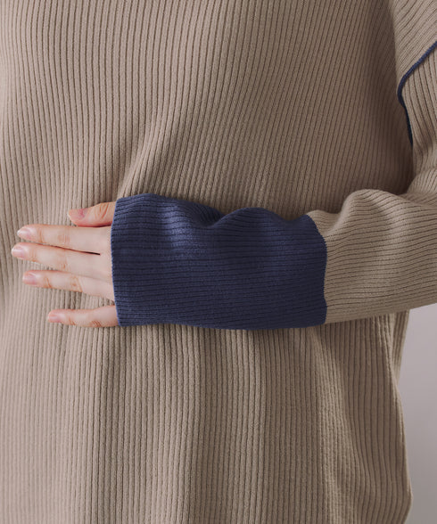 配色スリーブリブニットトップス