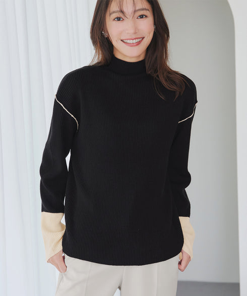 配色スリーブリブニットトップス