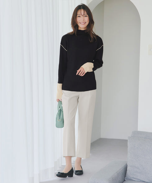 配色スリーブリブニットトップス