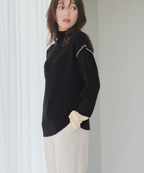 配色スリーブリブニットトップス