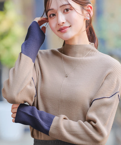 配色スリーブリブニットトップス