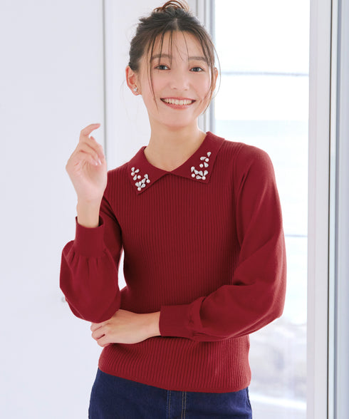 襟ビジュー付きニットプルオーバー