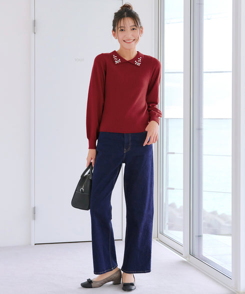 襟ビジュー付きニットプルオーバー