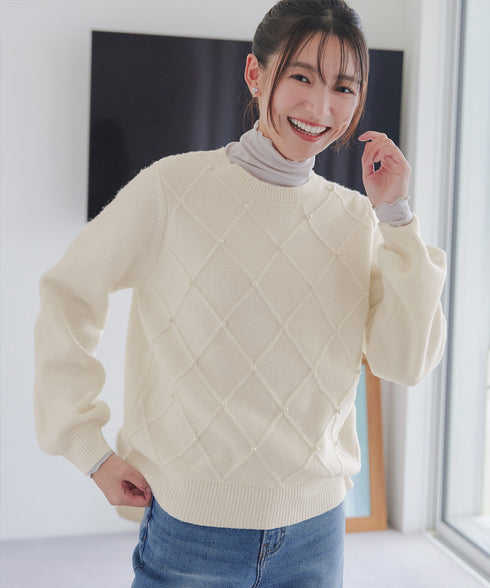 ダイヤ柄パール付きニットプルオーバー