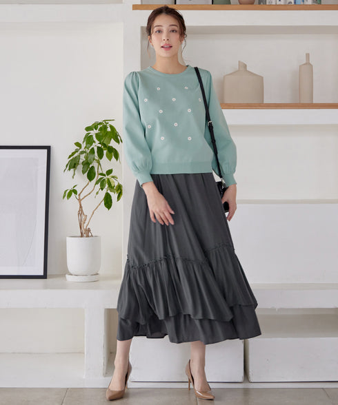 【クリアランスセール】フラワー刺繍ニットトップス