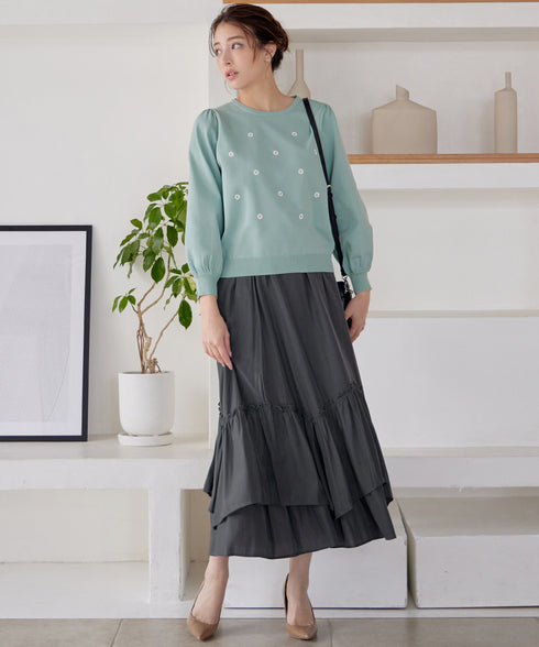 【クリアランスセール】フラワー刺繍ニットトップス