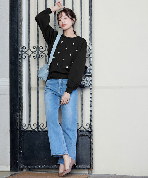 【クリアランスセール】フラワー刺繍ニットトップス