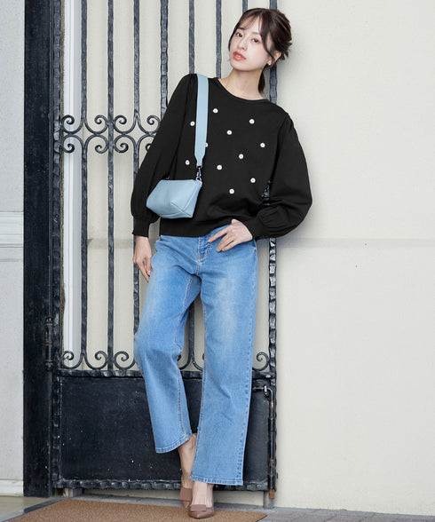 【クリアランスセール】フラワー刺繍ニットトップス