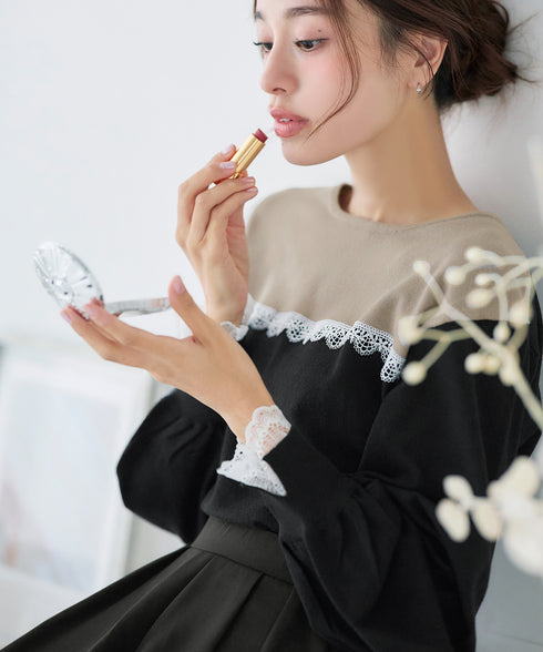 レース配色ニットトップス