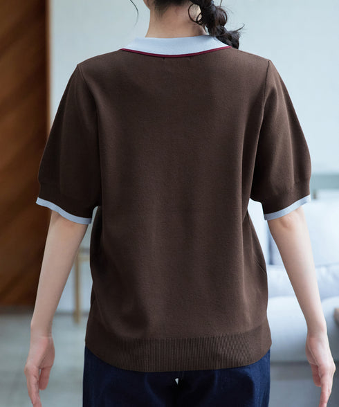 配色ニットポロトップス