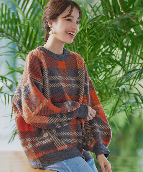 【アウトレット】チェック柄プルオーバーニット