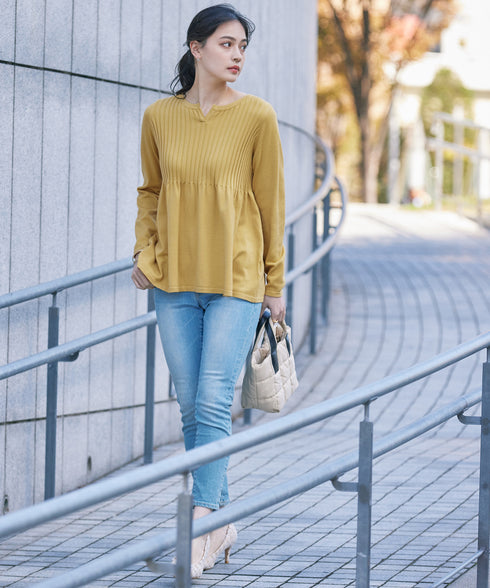 【アウトレット】リブ切り替えフレアニットトップス