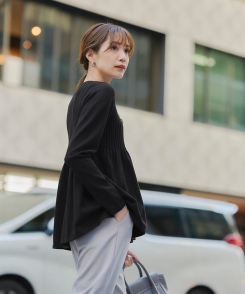 【アウトレット】リブ切り替えフレアニットトップス