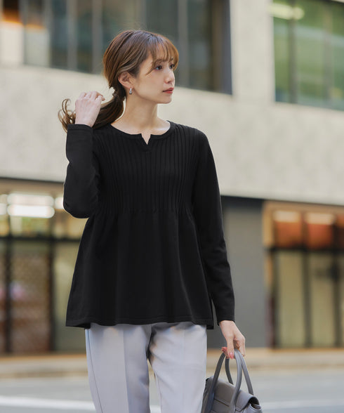 【アウトレット】リブ切り替えフレアニットトップス