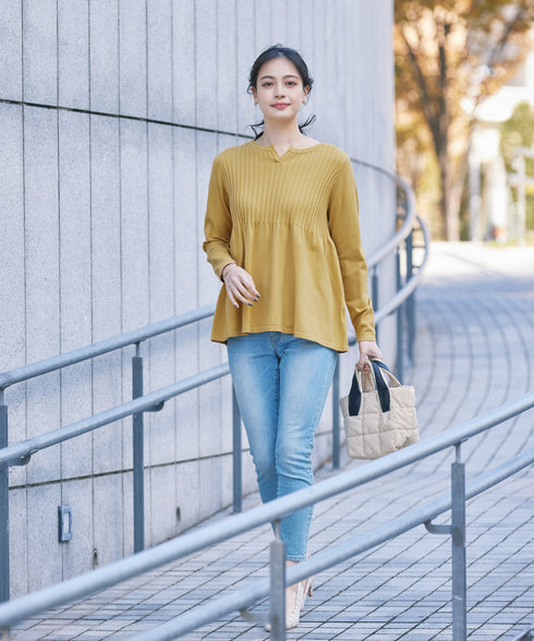 【アウトレット】リブ切り替えフレアニットトップス