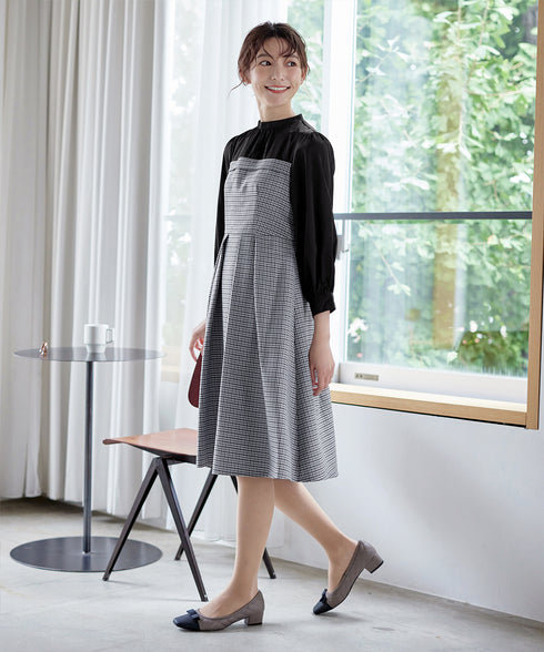 【アウトレット】ビスチェ風ツイードチェックドッキングワンピース