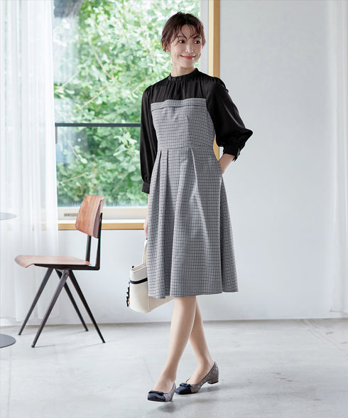 【アウトレット】ビスチェ風ツイードチェックドッキングワンピース