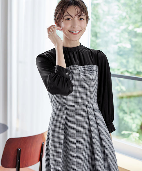【アウトレット】ビスチェ風ツイードチェックドッキングワンピース