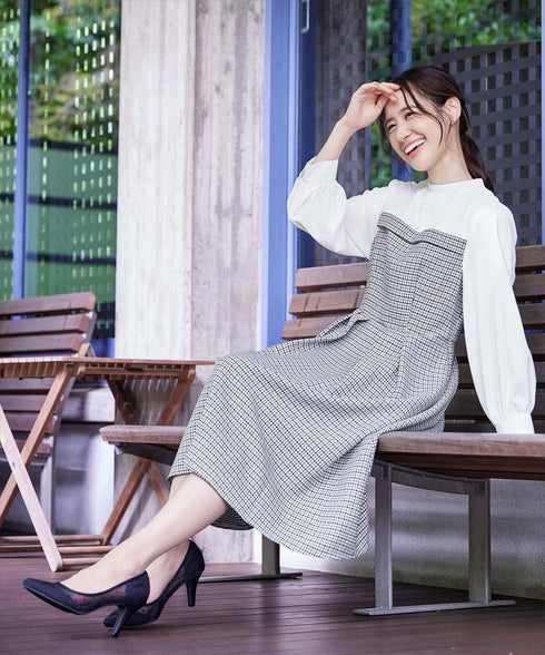 【アウトレット】ビスチェ風ツイードチェックドッキングワンピース