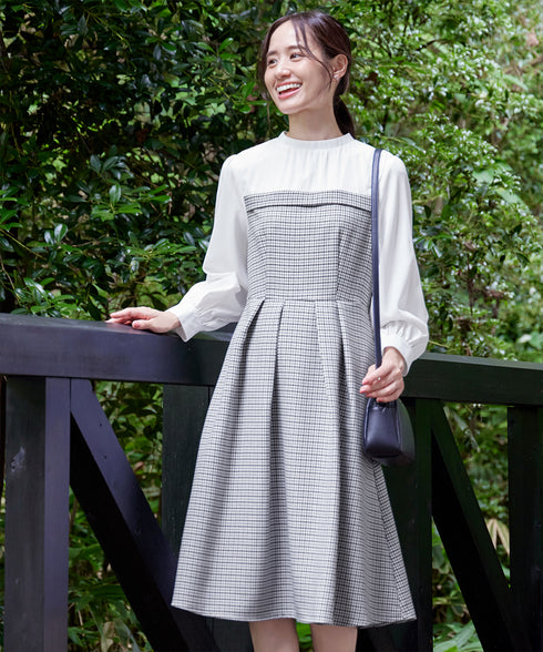 【アウトレット】ビスチェ風ツイードチェックドッキングワンピース