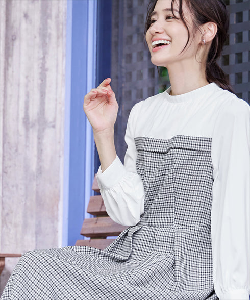 【アウトレット】ビスチェ風ツイードチェックドッキングワンピース