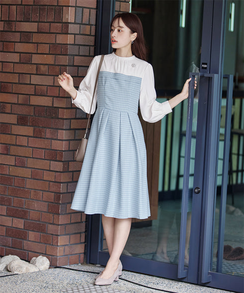 【アウトレット】ビスチェ風ツイードチェックドッキングワンピース