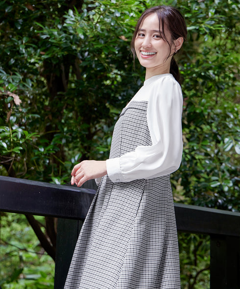 【アウトレット】ビスチェ風ツイードチェックドッキングワンピース