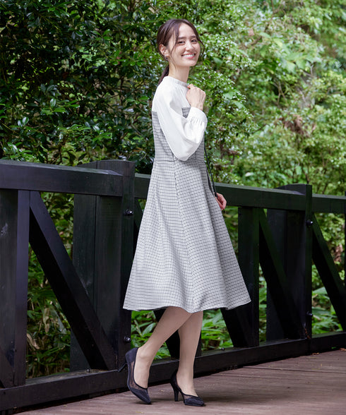 【アウトレット】ビスチェ風ツイードチェックドッキングワンピース