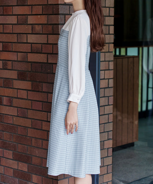 【アウトレット】ビスチェ風ツイードチェックドッキングワンピース