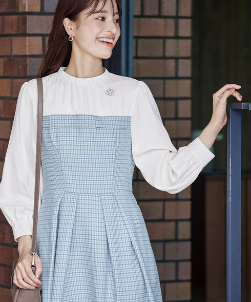 【アウトレット】ビスチェ風ツイードチェックドッキングワンピース