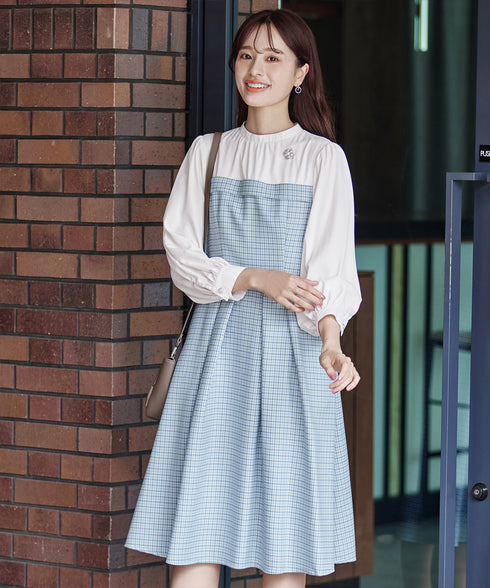 【アウトレット】ビスチェ風ツイードチェックドッキングワンピース