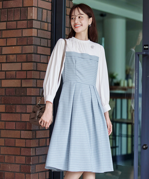 【アウトレット】ビスチェ風ツイードチェックドッキングワンピース