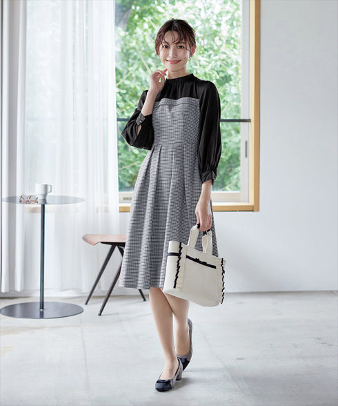 【アウトレット】ビスチェ風ツイードチェックドッキングワンピース