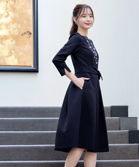 【新色追加】 アシメリボンベルトフレアワンピース