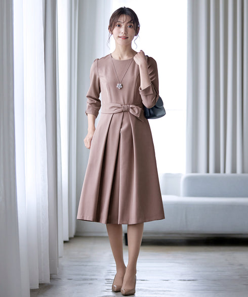 【新色追加】 アシメリボンベルトフレアワンピース