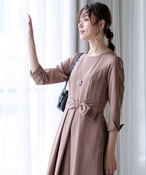 【新色追加】 アシメリボンベルトフレアワンピース