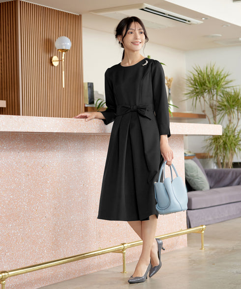 【新色追加】 アシメリボンベルトフレアワンピース