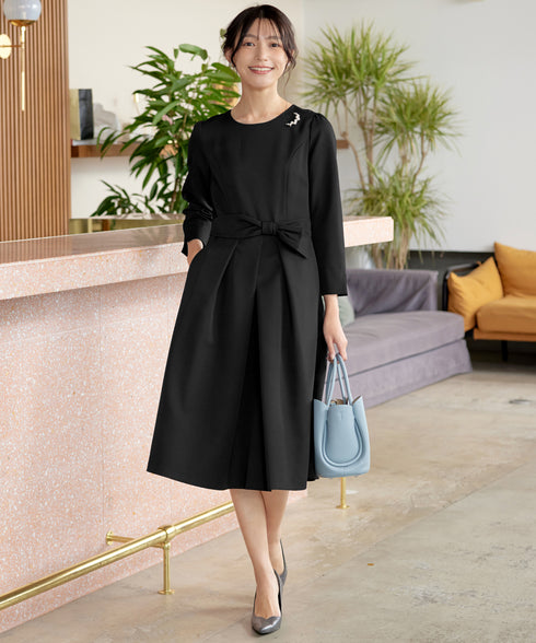 【新色追加】 アシメリボンベルトフレアワンピース