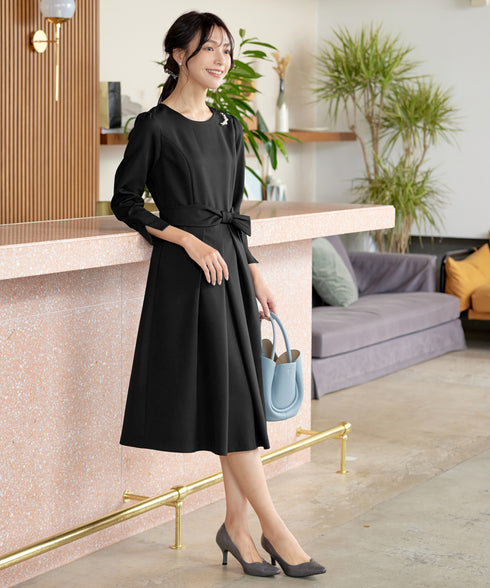 【新色追加】 アシメリボンベルトフレアワンピース