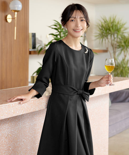 【新色追加】 アシメリボンベルトフレアワンピース