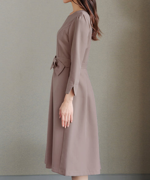 【新色追加】 アシメリボンベルトフレアワンピース