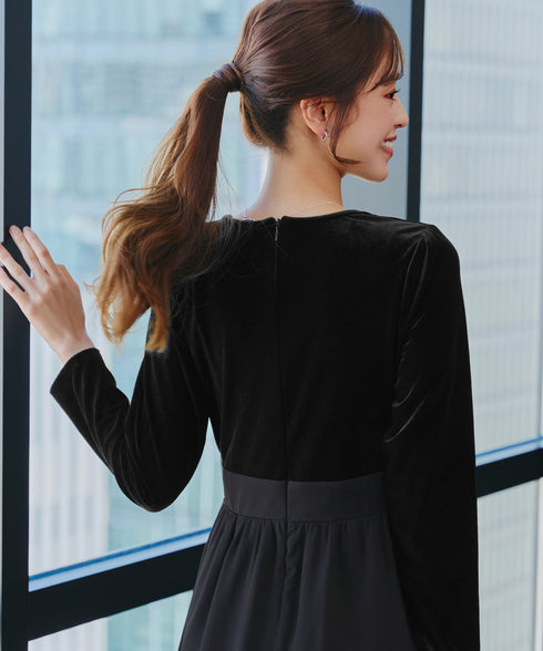 ベロア異素材ドッキングワンピース