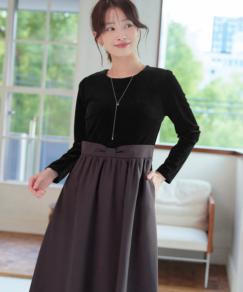 ベロア異素材ドッキングワンピース
